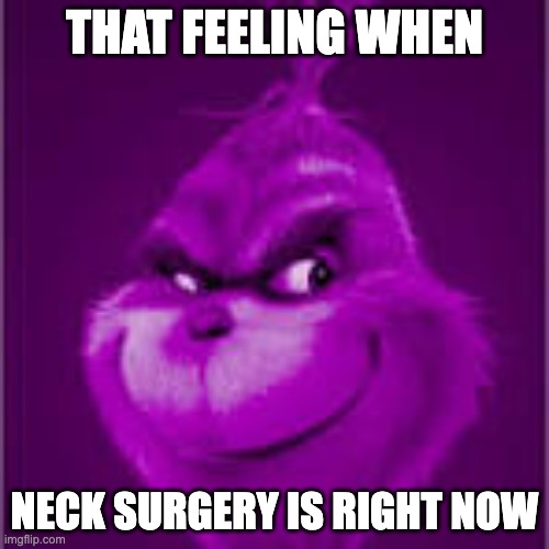 purple grinch | THAT FEELING WHEN; NECK SURGERY IS RIGHT NOW | image tagged in purple grinch | made w/ Imgflip meme maker