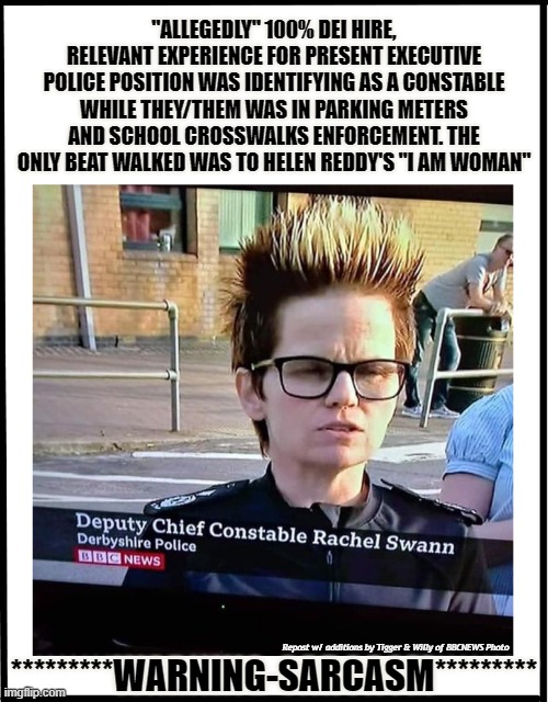 "ALLEGEDLY" 100% DEI HIRE, RELEVANT EXPERIENCE FOR PRESENT EXECUTIVE POLICE POSITION WAS IDENTIFYING AS A CONSTABLE WHILE THEY/THEM WAS IN PARKING METERS AND SCHOOL CROSSWALKS ENFORCEMENT. THE ONLY BEAT WALKED WAS TO HELEN REDDY'S "I AM WOMAN"; Repost w/ additions by Tigger & Willy of BBCNEWS Photo; *********WARNING-SARCASM********* | made w/ Imgflip meme maker