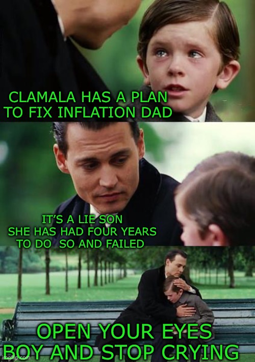 Just the facts jack | CLAMALA HAS A PLAN TO FIX INFLATION DAD; IT’S A LIE SON SHE HAS HAD FOUR YEARS TO DO  SO AND FAILED; OPEN YOUR EYES BOY AND STOP CRYING | image tagged in finding neverland | made w/ Imgflip meme maker