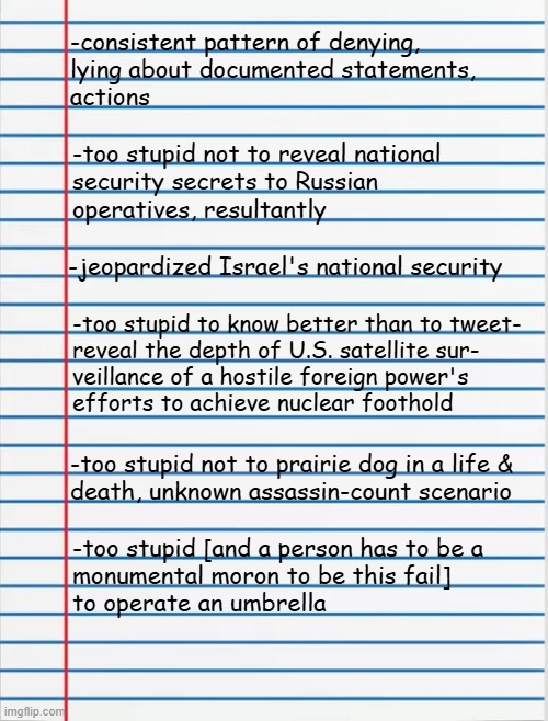 Heya, Trump-cult kids, it's time for Dear Leader's Documented Unfitness for Office 7: The Dumbening | -consistent pattern of denying,
lying about documented statements,
actions; -too stupid not to reveal national
security secrets to Russian
operatives, resultantly; -jeopardized Israel's national security; -too stupid to know better than to tweet-
reveal the depth of U.S. satellite sur-
veillance of a hostile foreign power's
efforts to achieve nuclear foothold; -too stupid not to prairie dog in a life &
death, unknown assassin-count scenario; -too stupid [and a person has to be a
monumental moron to be this fail]
to operate an umbrella | image tagged in lined paper,trump unfit unqualified dangerous,moron | made w/ Imgflip meme maker