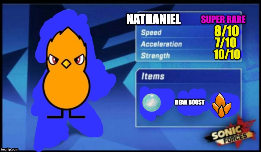 [UPDATED] Sonic Forces Meme Battle | SUPER RARE; NATHANIEL; 8/10; 7/10; 10/10; BEAK BOOST | image tagged in updated sonic forces meme battle | made w/ Imgflip meme maker