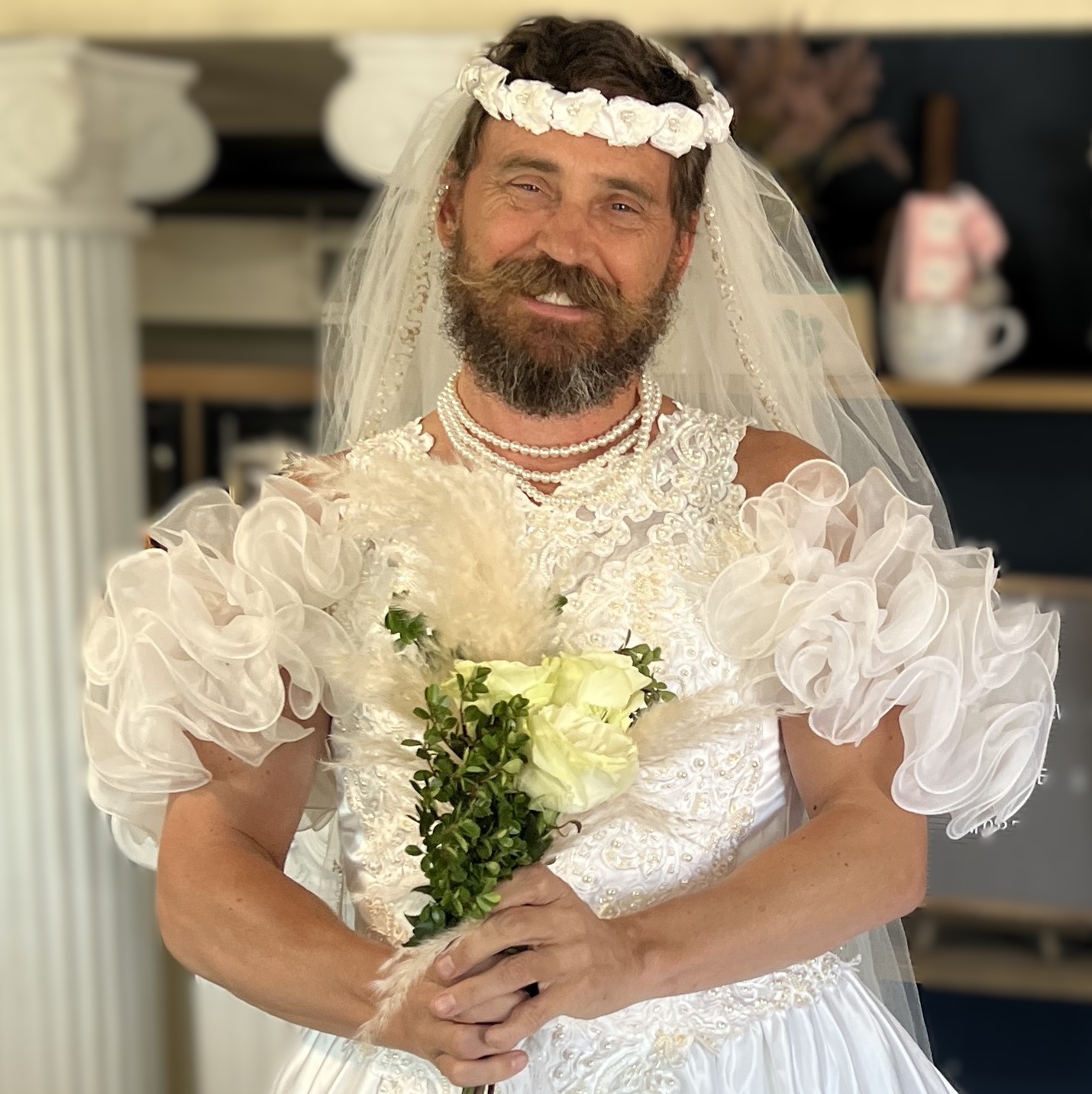 Bearded Man in Wedding dress, Mitch in Wedding gown Blank Meme Template