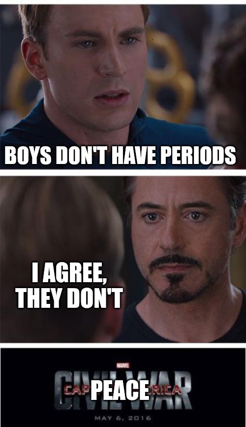 Imagine if no one coddled the mentality unstable people and we didn't give them a voice. | BOYS DON'T HAVE PERIODS; I AGREE, THEY DON'T; PEACE | image tagged in memes,marvel civil war 1 | made w/ Imgflip meme maker