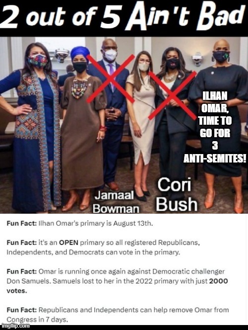 Time for the third Anti-Semite to be voted out! Open Primary! Republicans can vote against her! | ILHAN OMAR, TIME TO GO FOR 3 ANTI-SEMITES! | image tagged in anti-semite and a racist | made w/ Imgflip meme maker