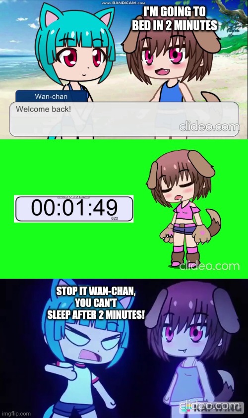 Wan-chan sleeping in 2 minutes | I'M GOING TO BED IN 2 MINUTES; STOP IT WAN-CHAN, YOU CAN'T SLEEP AFTER 2 MINUTES! | image tagged in sleep | made w/ Imgflip meme maker