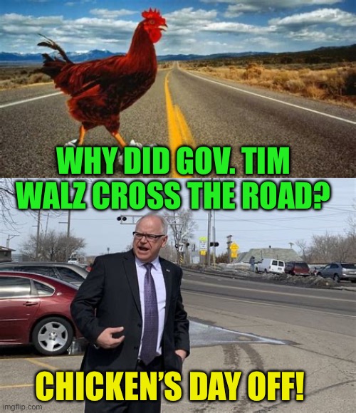 Why did Walz cross the road? | WHY DID GOV. TIM WALZ CROSS THE ROAD? CHICKEN’S DAY OFF! | image tagged in gifs,democrats,kamala harris,minnesota,chicken,radical | made w/ Imgflip meme maker