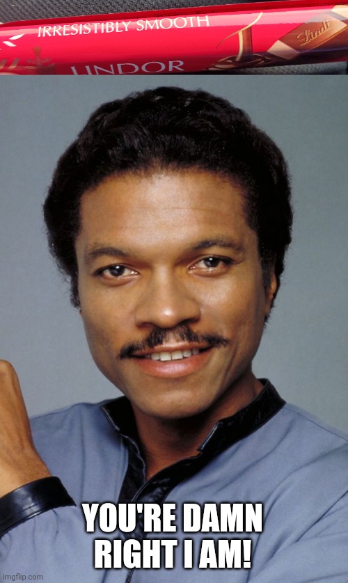 Irresistibly smooth | YOU'RE DAMN RIGHT I AM! | image tagged in lando,lando calrissian,chocolate,the empire strikes back | made w/ Imgflip meme maker