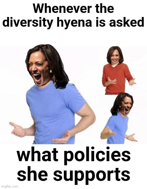 Shrugging diversity hyena | Whenever the diversity hyena is asked; what policies she supports | image tagged in shrugging boy,memes,kamala harris,policies,democrats,incompetence | made w/ Imgflip meme maker