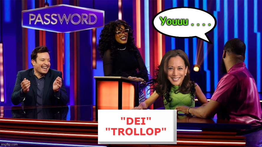 And the PASSWEIRD is ! | Youuu . . . . "DEI"
"TROLLOP" | image tagged in kamala password meme | made w/ Imgflip meme maker