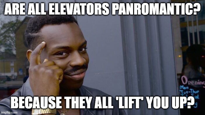 My brain melts now. | ARE ALL ELEVATORS PANROMANTIC? BECAUSE THEY ALL 'LIFT' YOU UP? | image tagged in memes,roll safe think about it | made w/ Imgflip meme maker