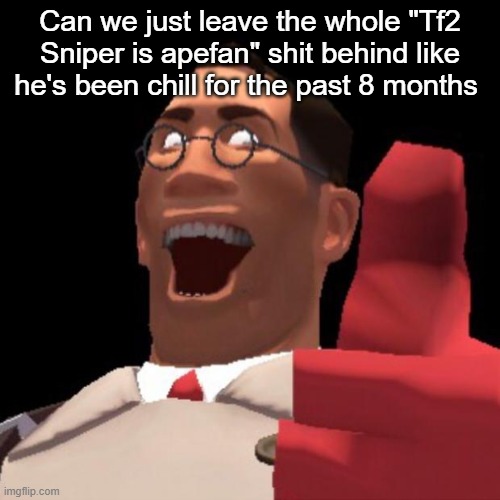 TF2 Medic | Can we just leave the whole "Tf2 Sniper is apefan" shit behind like he's been chill for the past 8 months | image tagged in tf2 medic | made w/ Imgflip meme maker