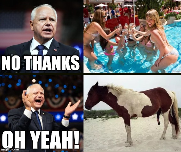 TIM WALZ PREFERS THAT HORSE SEMEN | NO THANKS; OH YEAH! | image tagged in hot girls,tim walz,vice president,democrats,politics | made w/ Imgflip meme maker