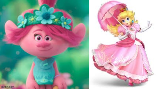 Guys, I have a theory. (They're both crowned as Princesses) | image tagged in trolls,princess peach,memes,gaming,super smash bros | made w/ Imgflip meme maker