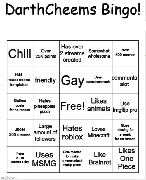 I decided to do a bingo template | DarthCheems Bingo! Has over 2 streams created; Over 25K points; over 500 memes; Chill; Somewhat wholesome; Gay; Has made meme templates; comments alot; Uses cursedcomments; friendly; Likes animals; Dislikes posts for no reason; Use Imgflip pro; Hates pineapples pizza; under 200 memes; Large amount of followers; Goes missing for a week for no reason; Loves Minecraft; Hates roblox; Uses MSMG; Likes One Piece; Posts 5 - 10 memes a day; Gets roasted for make a meme about imgflip points; Like Brainrot | image tagged in blank bingo,bingo | made w/ Imgflip meme maker