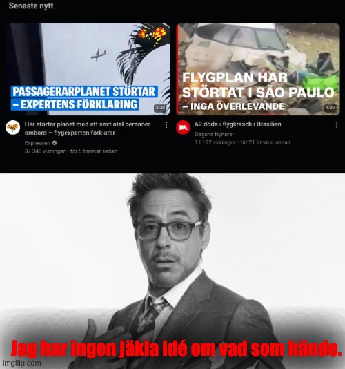Jag har ingen jäkla idé om vad som hände. | image tagged in robert downey jr's comments | made w/ Imgflip meme maker