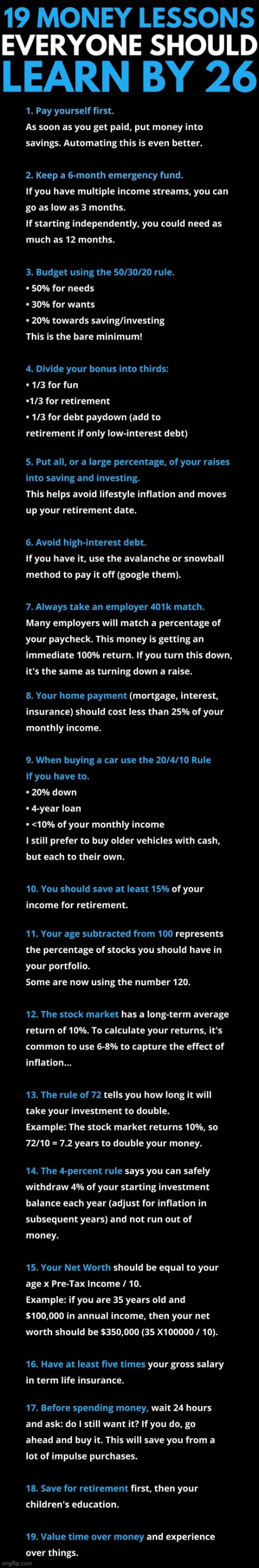 19 Money Lessons Everyone Should Learn By 26 :> | image tagged in simothefinlandized,money,life lessons,infographics,tutorial | made w/ Imgflip meme maker
