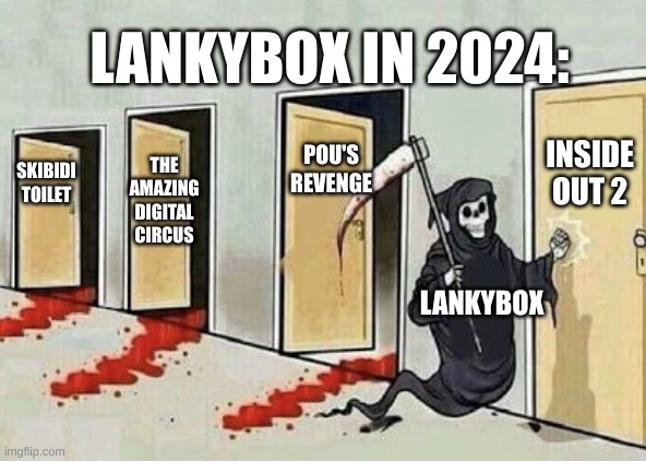 don't let lankybox get u | LANKYBOX IN 2024:; POU'S REVENGE; INSIDE OUT 2; THE AMAZING DIGITAL CIRCUS; SKIBIDI TOILET; LANKYBOX | image tagged in grim reaper 4 doors | made w/ Imgflip meme maker