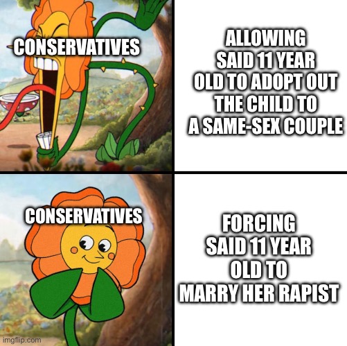 angry flower | ALLOWING SAID 11 YEAR OLD TO ADOPT OUT THE CHILD TO A SAME-SEX COUPLE FORCING SAID 11 YEAR OLD TO MARRY HER RAPIST CONSERVATIVES CONSERVATIV | image tagged in angry flower | made w/ Imgflip meme maker