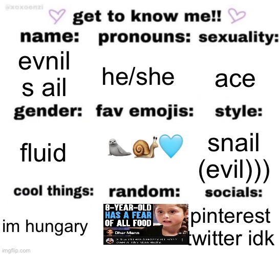 i want smth sweet like so bad rn ffjsskb | evnil s ail; he/she; ace; 🦭🐌🩵; snail (evil))); fluid; pinterest twitter idk; im hungary | image tagged in get to know me but better | made w/ Imgflip meme maker