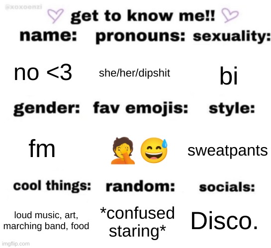 this | no <3; she/her/dipshit; bi; 🤦😅; sweatpants; fm; Disco. *confused staring*; loud music, art, marching band, food | image tagged in get to know me but better | made w/ Imgflip meme maker