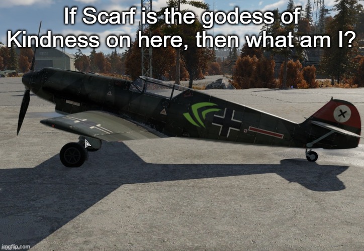 Nvidia plane | If Scarf is the godess of Kindness on here, then what am I? | image tagged in nvidia plane | made w/ Imgflip meme maker