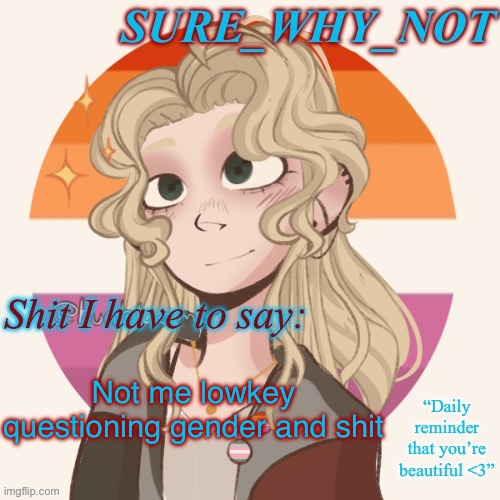 I dunno chat | Not me lowkey questioning gender and shit | image tagged in swn announcement template version 2 | made w/ Imgflip meme maker