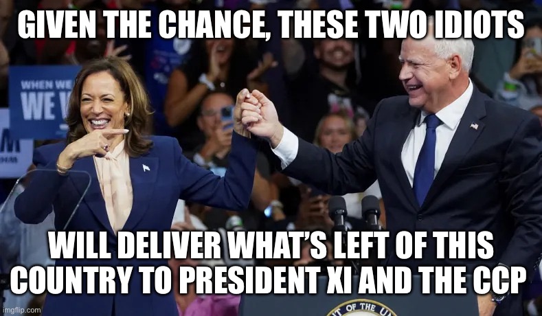 Kamala Harris with Tim Walz | GIVEN THE CHANCE, THESE TWO IDIOTS; WILL DELIVER WHAT’S LEFT OF THIS COUNTRY TO PRESIDENT XI AND THE CCP | image tagged in kamala harris with tim walz | made w/ Imgflip meme maker