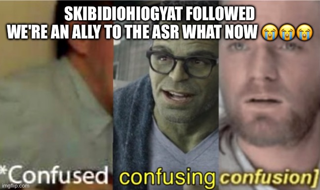 confused confusing confusion | SKIBIDIOHIOGYAT FOLLOWED

WE'RE AN ALLY TO THE ASR WHAT NOW 😭😭😭 | image tagged in confused confusing confusion | made w/ Imgflip meme maker