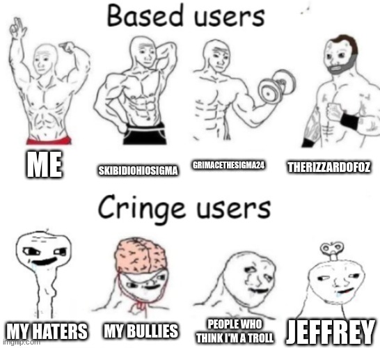 Based users v.s. cringe users | ME; SKIBIDIOHIOSIGMA; GRIMACETHESIGMA24; THERIZZARDOFOZ; PEOPLE WHO THINK I'M A TROLL; MY BULLIES; JEFFREY; MY HATERS | image tagged in based users v s cringe users | made w/ Imgflip meme maker