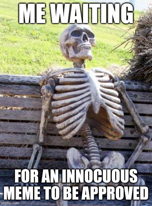 Who's working today, geez... | ME WAITING; FOR AN INNOCUOUS MEME TO BE APPROVED | image tagged in memes,waiting skeleton | made w/ Imgflip meme maker