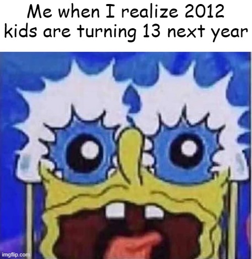 No way they are becoming that age (I know I just turned 13 3 months ago but still) | Me when I realize 2012 kids are turning 13 next year | image tagged in sponge | made w/ Imgflip meme maker