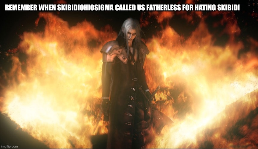 Sephiroth in Fire | REMEMBER WHEN SKIBIDIOHIOSIGMA CALLED US FATHERLESS FOR HATING SKIBIDI | image tagged in sephiroth in fire | made w/ Imgflip meme maker