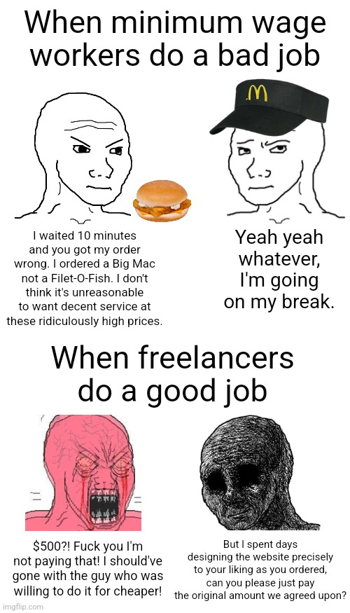 Fast food workers still keep their jobs and get paid after doing a bad job, freelancers get paid nothing | When minimum wage workers do a bad job; I waited 10 minutes and you got my order wrong. I ordered a Big Mac not a Filet-O-Fish. I don't think it's unreasonable to want decent service at these ridiculously high prices. Yeah yeah whatever, I'm going on my break. When freelancers do a good job; But I spent days designing the website precisely to your liking as you ordered, can you please just pay the original amount we agreed upon? $500?! Fuck you I'm not paying that! I should've gone with the guy who was willing to do it for cheaper! | image tagged in workers,freelancers,jobs,work,employment | made w/ Imgflip meme maker