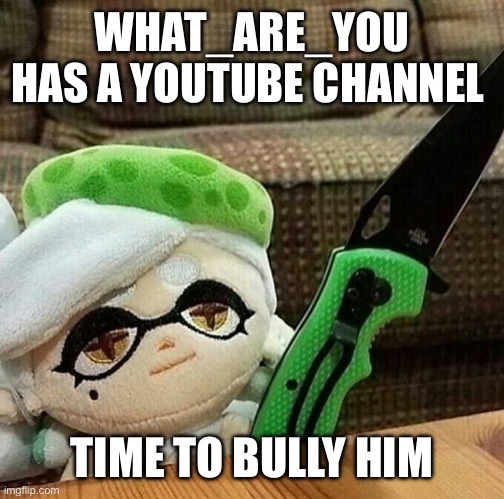 Marie plush with a knife | WHAT_ARE_YOU HAS A YOUTUBE CHANNEL; TIME TO BULLY HIM | image tagged in marie plush with a knife | made w/ Imgflip meme maker