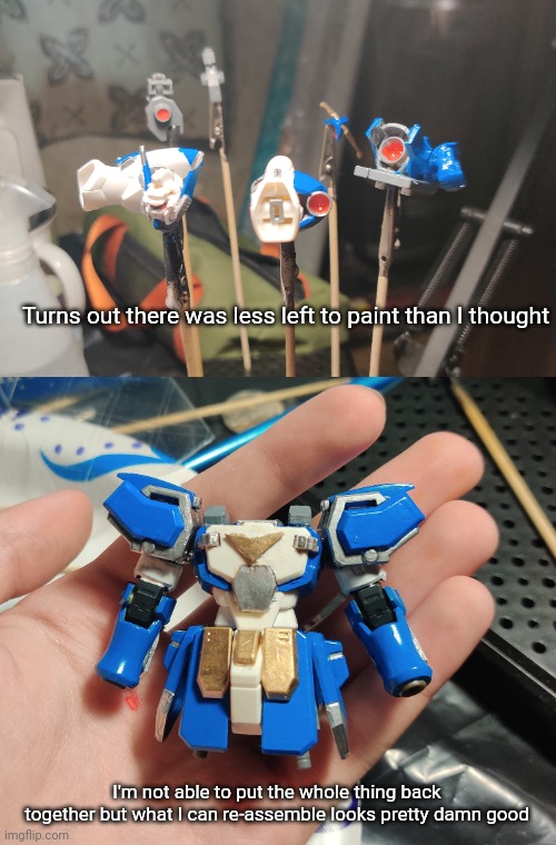 Gundam HeavyBlade is almost done | Turns out there was less left to paint than I thought; I'm not able to put the whole thing back together but what I can re-assemble looks pretty damn good | made w/ Imgflip meme maker