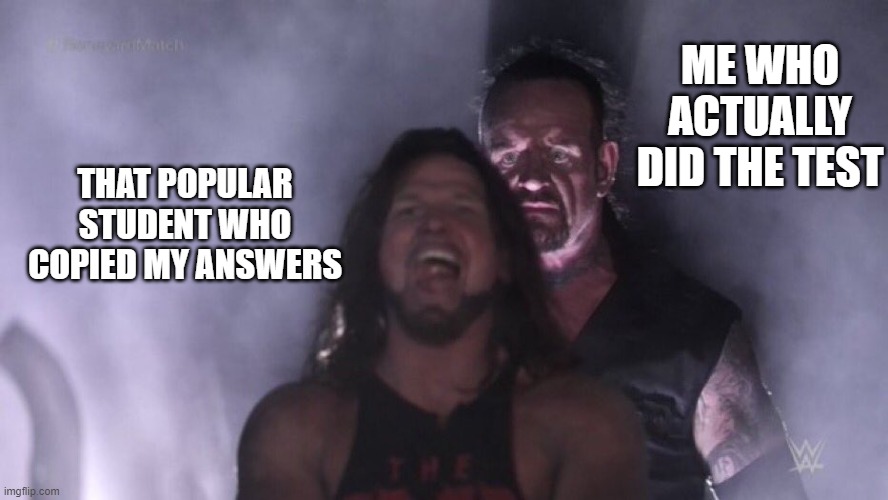 AJ Styles & Undertaker | ME WHO ACTUALLY DID THE TEST; THAT POPULAR STUDENT WHO COPIED MY ANSWERS | image tagged in aj styles undertaker | made w/ Imgflip meme maker