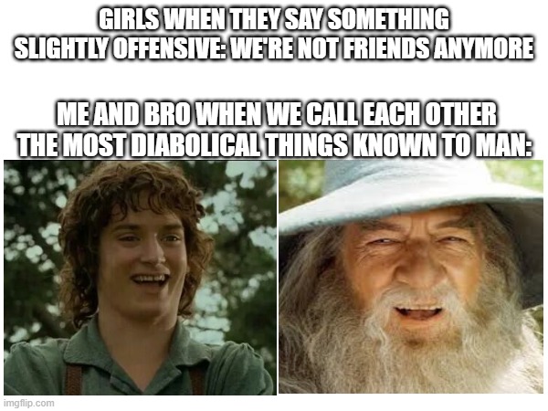 gotta love the homies | GIRLS WHEN THEY SAY SOMETHING SLIGHTLY OFFENSIVE: WE'RE NOT FRIENDS ANYMORE; ME AND BRO WHEN WE CALL EACH OTHER THE MOST DIABOLICAL THINGS KNOWN TO MAN: | made w/ Imgflip meme maker