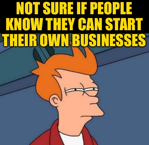 Futurama Fry Meme | NOT SURE IF PEOPLE KNOW THEY CAN START THEIR OWN BUSINESSES | image tagged in memes,futurama fry | made w/ Imgflip meme maker