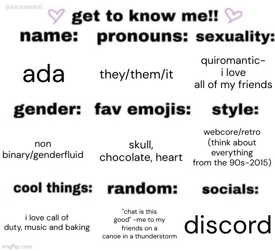 yall dont know me. i have to remind myself this. im a dingus | quiromantic- i love all of my friends; ada; they/them/it; webcore/retro (think about everything from the 90s-2015); skull, chocolate, heart; non binary/genderfluid; discord; "chat is this good" -me to my friends on a canoe in a thunderstorm; i love call of duty, music and baking | image tagged in get to know me but better | made w/ Imgflip meme maker