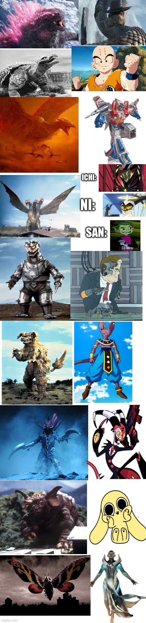 Voice headcanons (Ghidorah note: (I puts this note on the wrong image) CHIKIN NUGGET AS BARAGON?! F**K YEAH) | ICHI:; NI:; SAN: | image tagged in godzilla,helluva boss,hazbin hotel,dragon ball z,transforms,teen titans | made w/ Imgflip meme maker