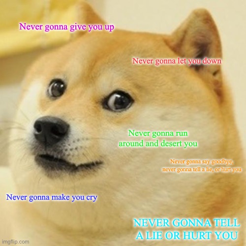 Doge | Never gonna give you up; Never gonna let you down; Never gonna run around and desert you; Never gonna say goodbye, never gonna tell a lie, or hurt you; Never gonna make you cry; NEVER GONNA TELL A LIE OR HURT YOU | image tagged in memes,doge | made w/ Imgflip meme maker