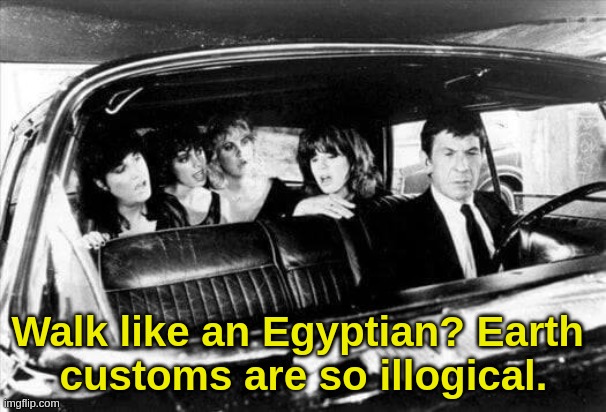 The Bangles | Walk like an Egyptian? Earth 
customs are so illogical. | image tagged in star trek | made w/ Imgflip meme maker