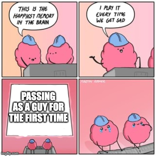 *happiness* | PASSING AS A GUY FOR THE FIRST TIME | image tagged in this is the happiest memory in the brain,transgender | made w/ Imgflip meme maker