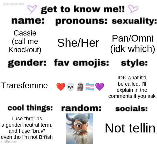 *casually joins the trend* | Cassie (call me Knockout); She/Her; Pan/Omni (idk which); ❤💀🗿🏳‍⚧💜; IDK what it'd be called, I'll explain in the comments if you ask; Transfemme; Not tellin; I use "bro" as a gender neutral term, and I use "bruv" even tho I'm not Bri'ish | image tagged in get to know me but better | made w/ Imgflip meme maker