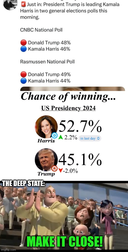 Make it close! | THE DEEP STATE:; MAKE IT CLOSE! | image tagged in 2024,presidential election,donald trump,kamala harris,the incredibles,deep state | made w/ Imgflip meme maker