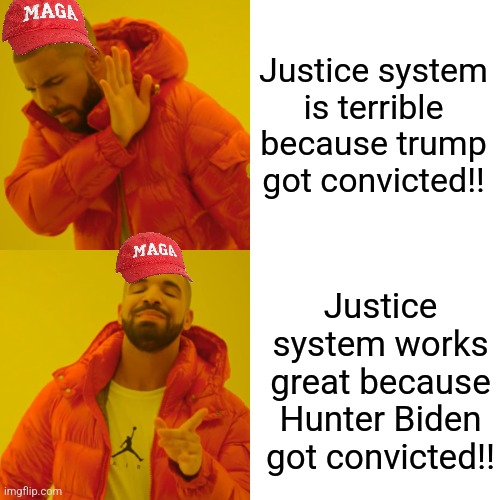 Justice system maga | Justice system is terrible because trump got convicted!! Justice system works great because Hunter Biden got convicted!! | image tagged in conservative,trump supporter,never trump,kamala harris,trump,maga | made w/ Imgflip meme maker