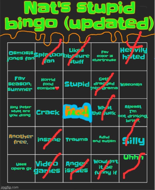 Nat's stupid bingo updated | image tagged in nat's stupid bingo updated | made w/ Imgflip meme maker