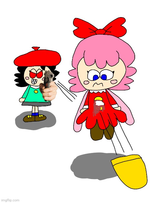 Possessed Adeleine killed Ribbon with a gun but I love remaking my older artworks and comics | image tagged in kirby,gore,gun,possessed,parody,funny | made w/ Imgflip meme maker