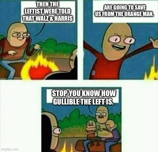 Orange Man Bad | ARE GOING TO SAVE US FROM THE ORANGE MAN. THEN THE LEFTIST WERE TOLD THAT WALZ & HARRIS; STOP, YOU KNOW HOW GULLIBLE THE LEFT IS. | image tagged in and then please stop | made w/ Imgflip meme maker