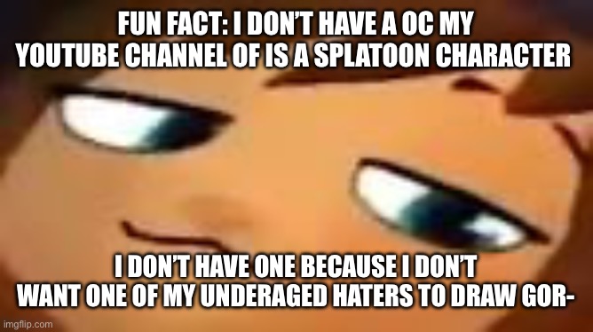 smug hat kid.mp4 | FUN FACT: I DON’T HAVE A OC MY YOUTUBE CHANNEL OF IS A SPLATOON CHARACTER; I DON’T HAVE ONE BECAUSE I DON’T WANT ONE OF MY UNDERAGED HATERS TO DRAW GOR- | image tagged in smug hat kid mp4 | made w/ Imgflip meme maker